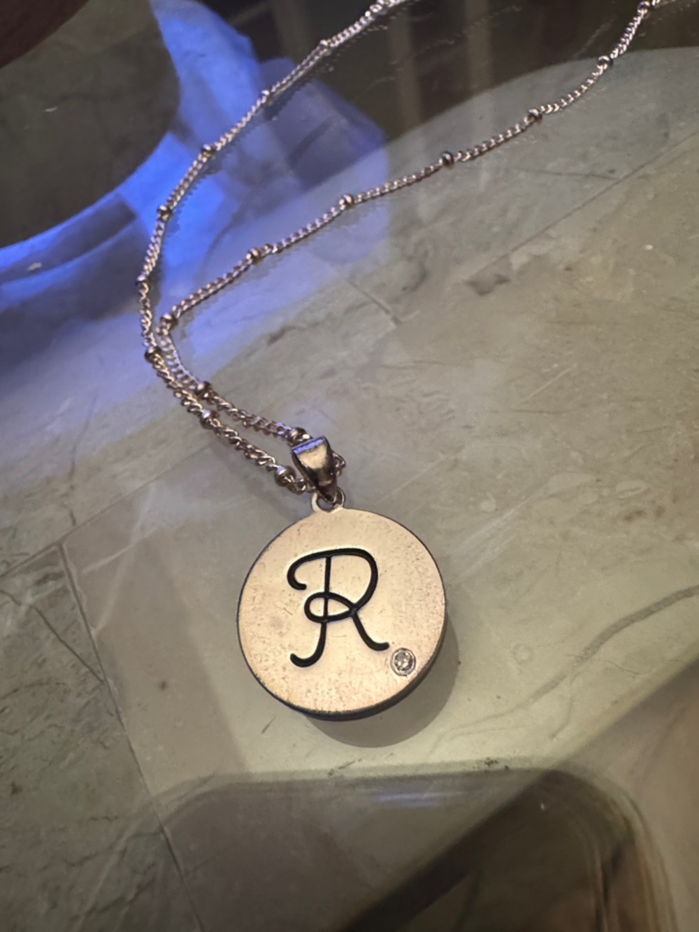 Sterling Silver 'R' Initial Pendant Necklace with possible Diamond chip accent